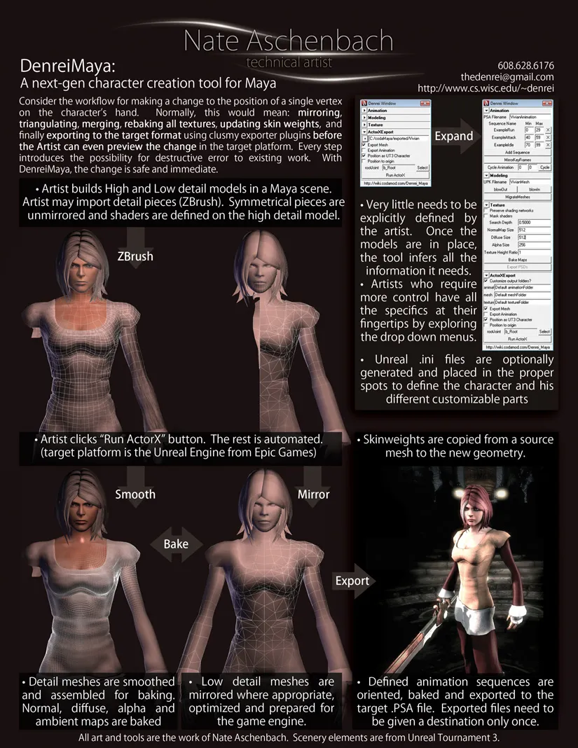 The toolset also included some animation features. Animation can be mirrored across a rig on a per-frame basis or in batch. An extension of this functionality is used in the animation-cycling tool. Walk and run cycles can be quickly created by animating the first half of the motion which is then mirrored across the character and seamlessly cycled for playback and export.